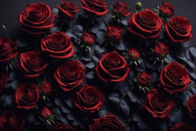 A bunch of red roses with black flowers