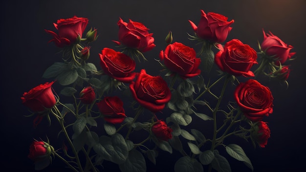 A bunch of red roses with a dark background