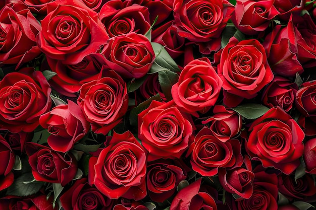 Bunch of Red Roses With Green Leaves