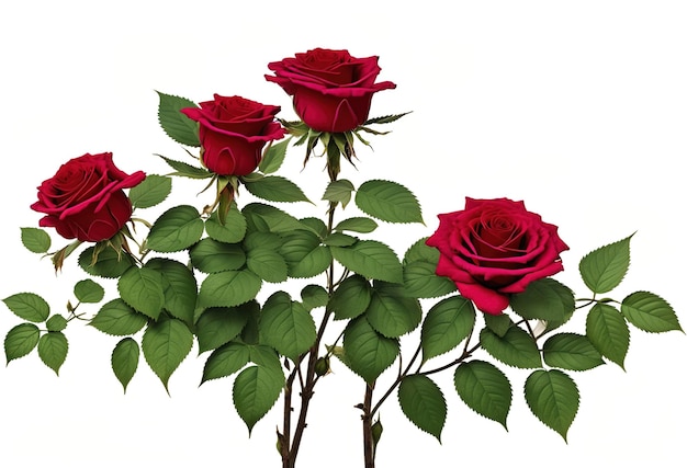 A bunch of red roses with green leaves