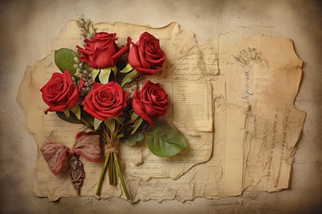 a bunch of red roses with a page that says " love " on it.