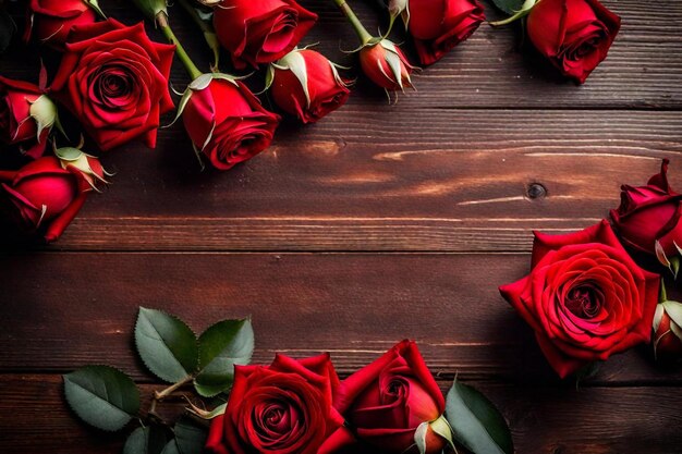 a bunch of red roses with a wooden background