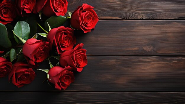 a bunch of red roses on wooden table Romantic concept