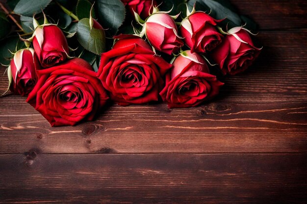 a bunch of red roses on a wooden table