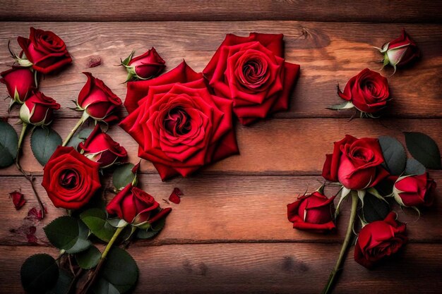 a bunch of red roses on a wooden table