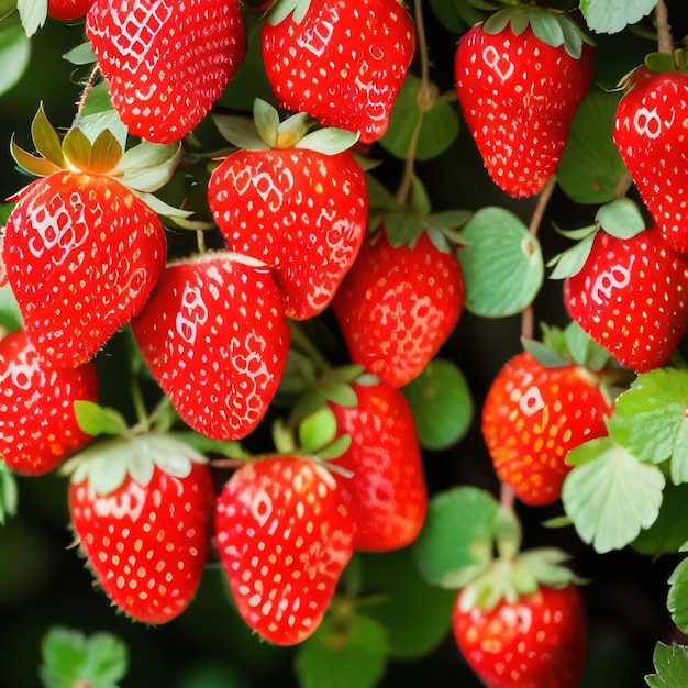 A bunch of red strawberries are on a bush.