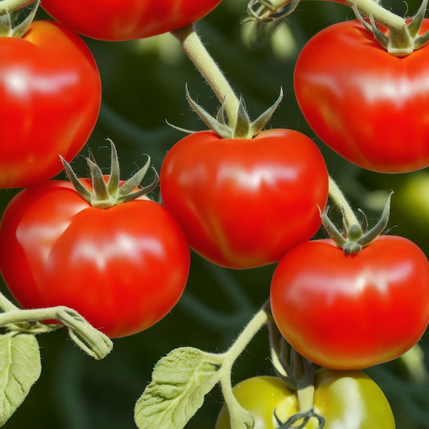 A bunch of red tomatoes are on a vine
