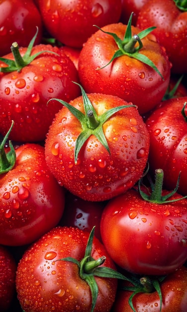 a bunch of red tomatoes with water drops on them