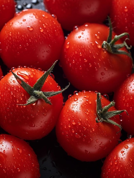 a bunch of red tomatoes with water drops on them.