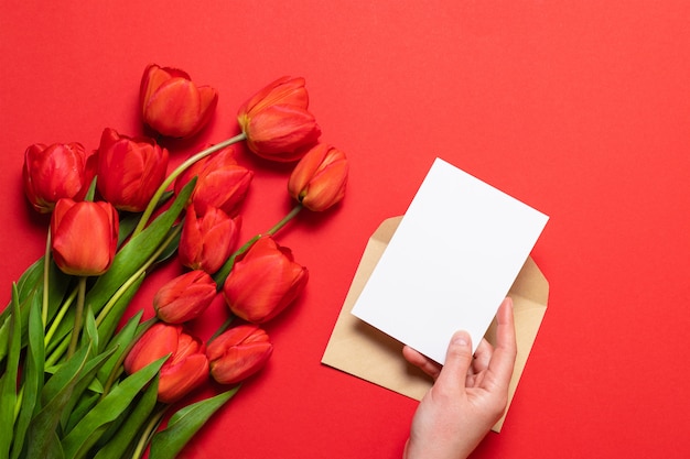 Bunch of red tulips and and white sheet of paper on a red background.