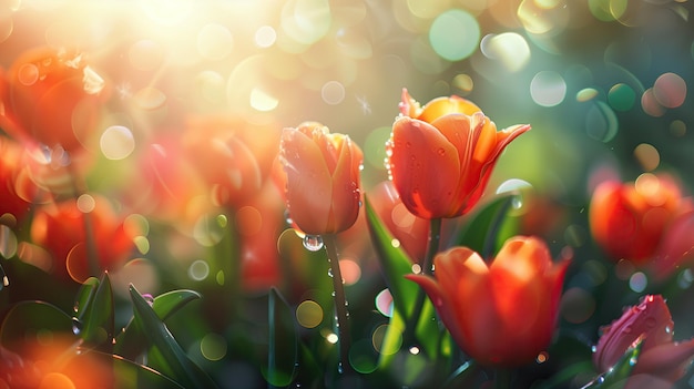 a bunch of red tulips with the sun shining through them