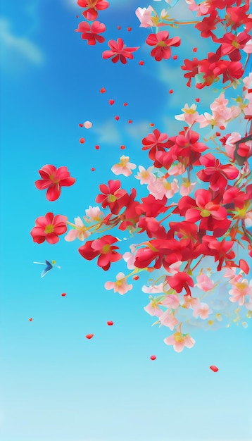 Bunch of red and white flowers against a blue sky generative ai