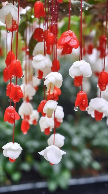 Photo a bunch of red and white flowers hanging from a tree