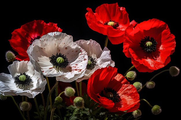 A bunch of red and white flowers in a vase Generative AI