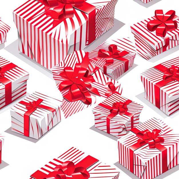 a bunch of red and white gift boxes with a red ribbon around the bottom