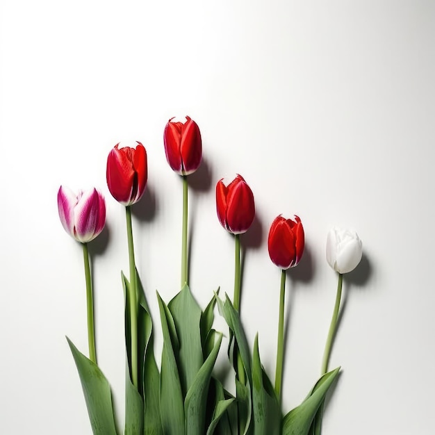 A bunch of red and white tulips are on a white background.