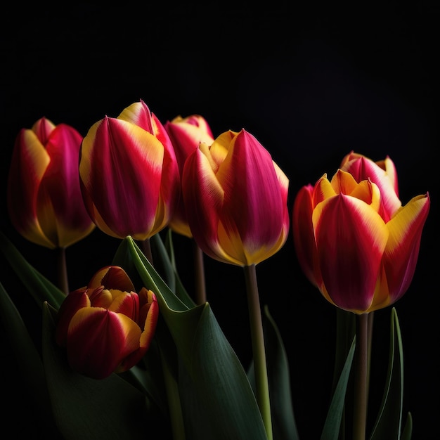 A bunch of red and yellow tulips are in front of a black background.