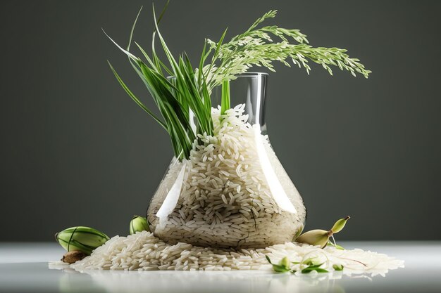 Куча риса в стеклянной вазе с зеленым растением посередине.