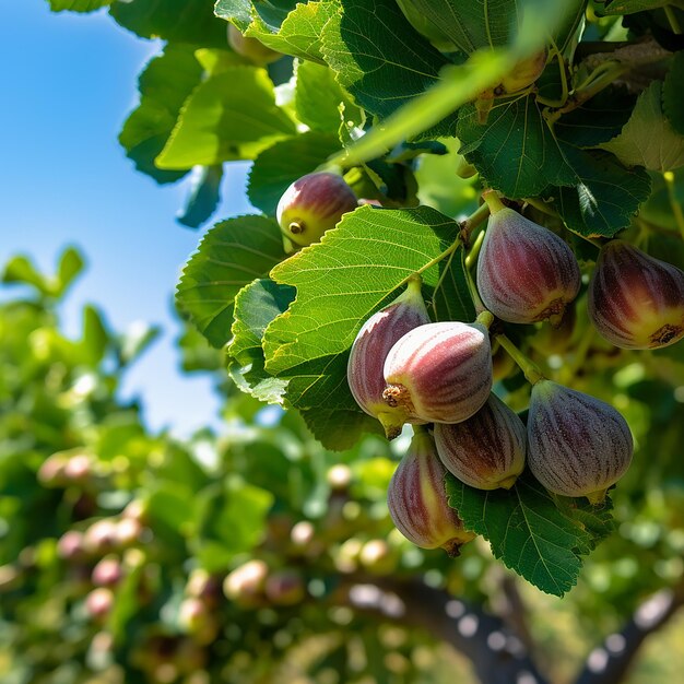 Photo a bunch of ripe figs hanging from a tree branch