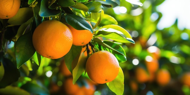 Куча зрелых апельсинов, висящих на дереве в апельсиновом саду в Испании, демонстрирует красоту свежих продуктов