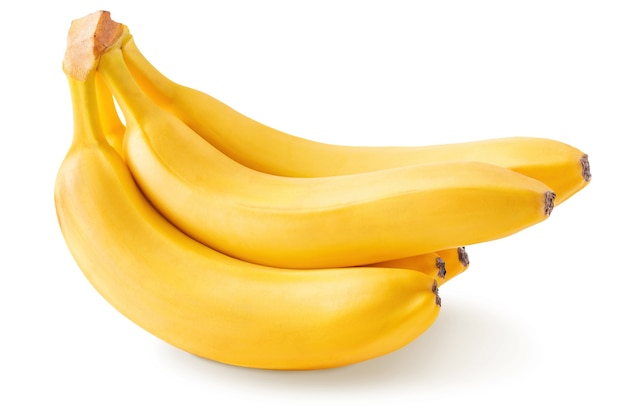 Bunch of ripe yellow bananas isolated on white background, closeup. Sweet tropical fruit