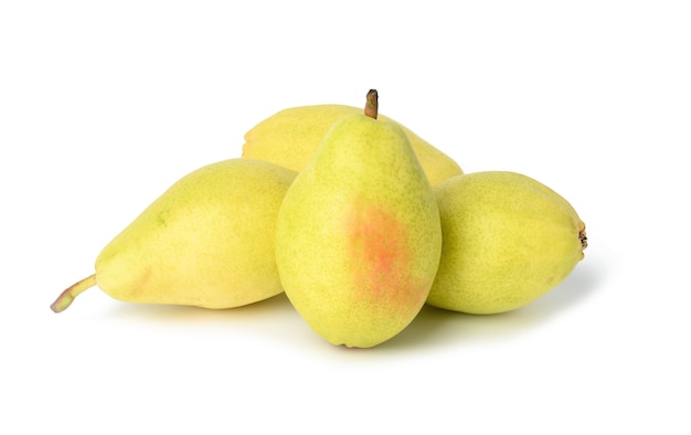 Bunch of ripe yellow pears isolated on white background, autumn harvest