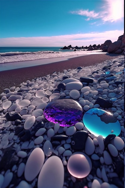 Bunch of rocks sitting on top of a beach generative ai