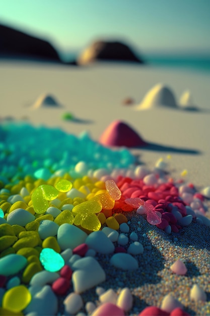 Bunch of rocks sitting on top of a sandy beach generative ai