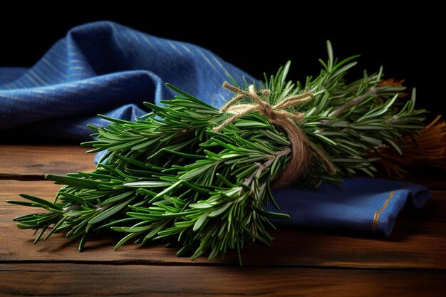 a bunch of rosemary on a wooden table