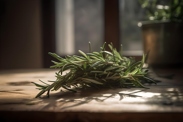 A bunch of rosemary on a wooden table