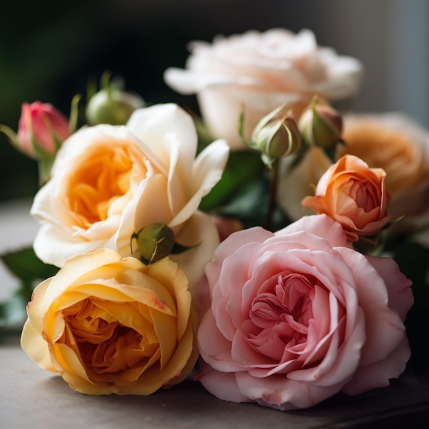 A bunch of roses are on a table with one of them is pink and yellow.