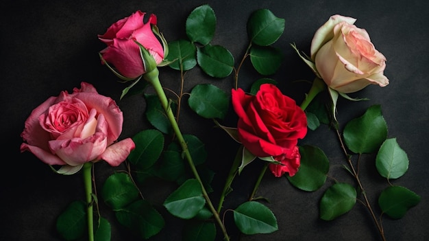 A bunch of roses on a black background