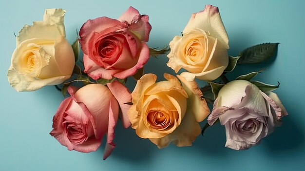 A bunch of roses on a blue background