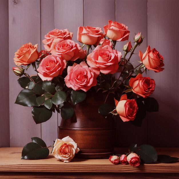 Photo a bunch of roses on a wooden shelf