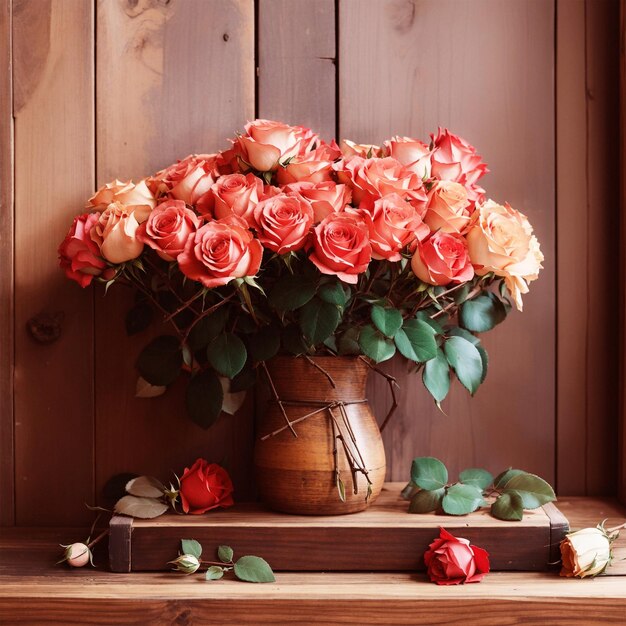 a bunch of roses on a wooden shelf