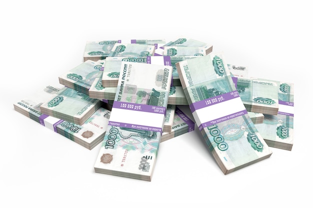 Bunch of Russian one-thousandth banknotes 3d illustration