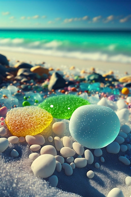 Bunch of sea glass sitting on top of a sandy beach generative ai