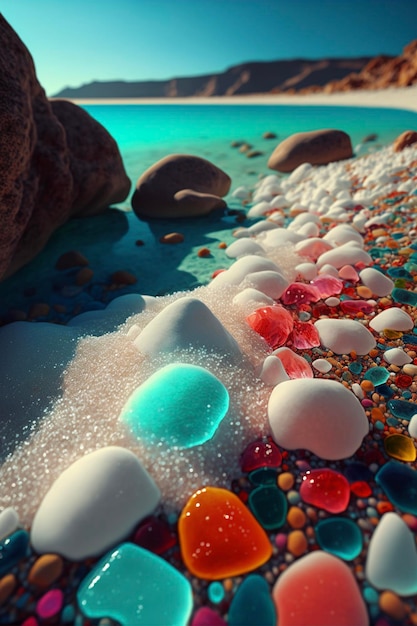 Bunch of sea glass sitting on top of a sandy beach generative ai
