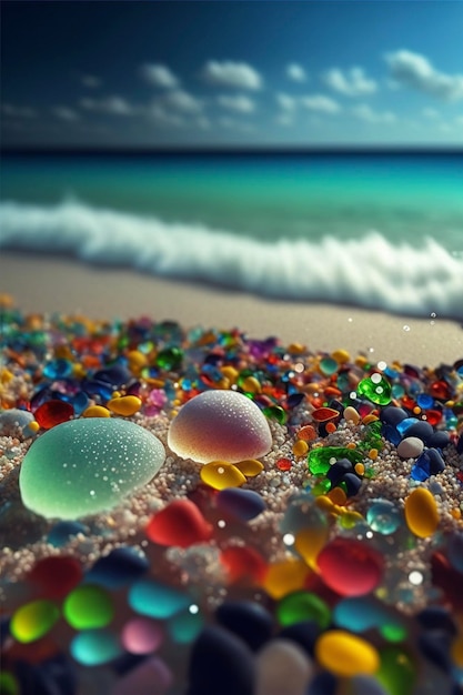 Bunch of sea glass sitting on top of a sandy beach generative ai