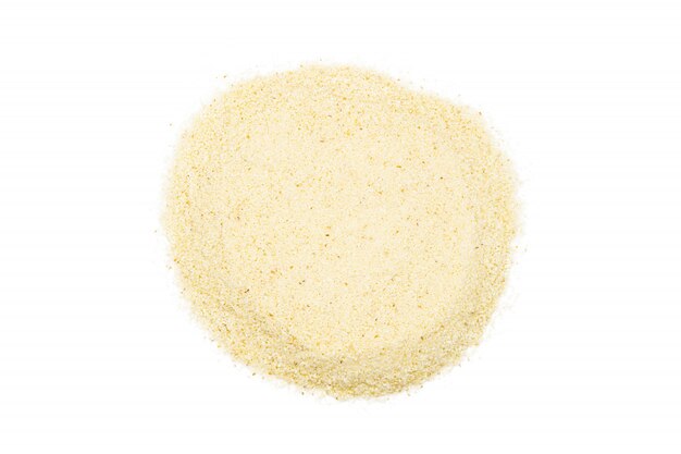 Bunch of semolina, close up, macro, top view. Popular flour in cooking. 