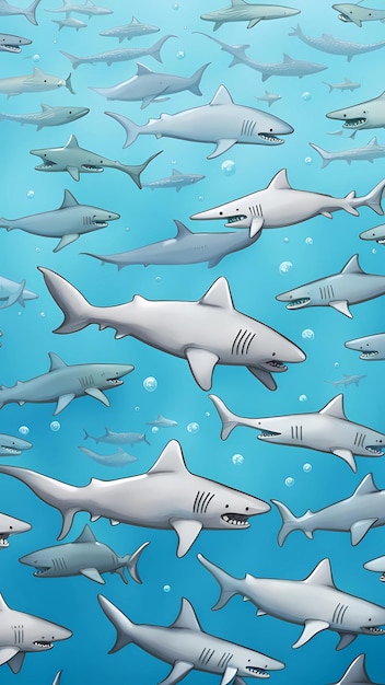 A bunch of sharks in the deep sea background