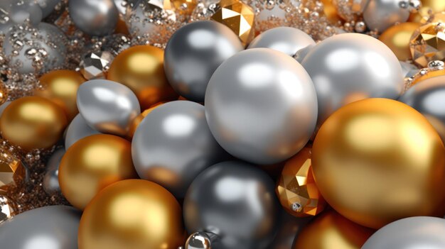 A bunch of silver and gold christmas balls