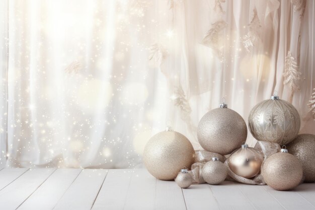 Bunch of silver and silver ornaments on a white floor