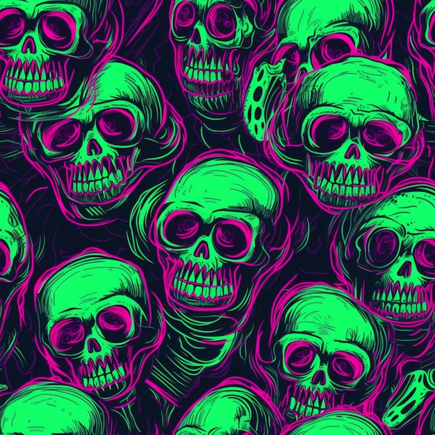 A bunch of skulls with neon green and pink colors generative ai