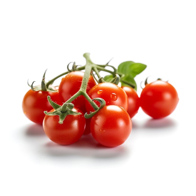 A bunch of small tomatoes on a vine with the stem and leaves on it.