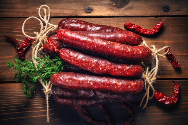 A bunch of smoked sausages in packaging on a wooden table Appetizing homemade sausages Wide selection of homemade farm meat products