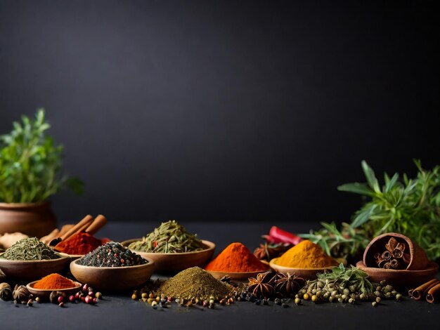 a bunch of spices including spices and herbs are on a table