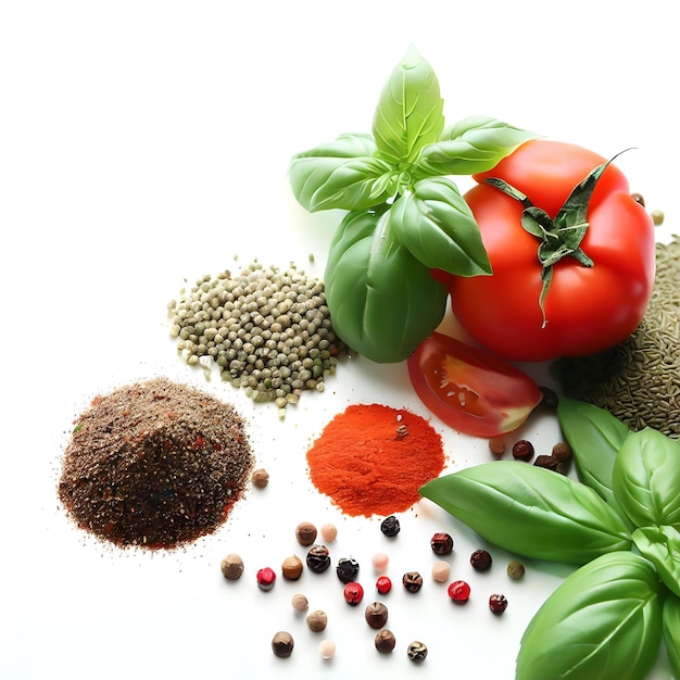 A bunch of spices including a tomato, basil, and garlic are on a white background.