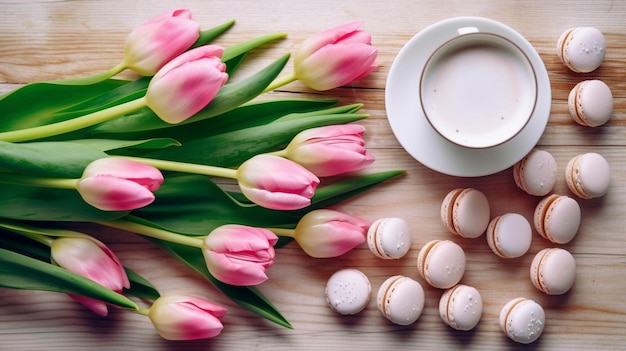 Photo bunch of spring flowers pink tulips