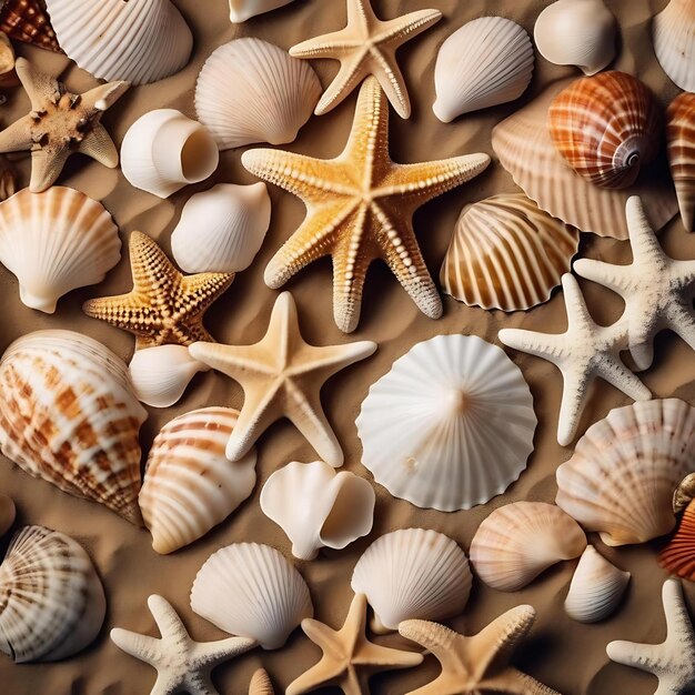 Foto un gruppo di stelle marine e conchiglie sono sulla spiaggia